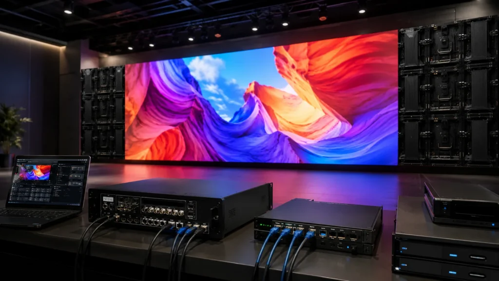 LED wall system with video processor, LED controller, media player, network cables, and large display