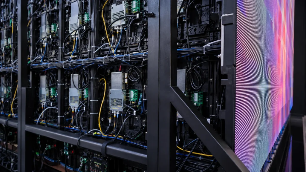 Back side of LED wall cabinets showing receiving cards, power supplies, data cables, and mounting structure