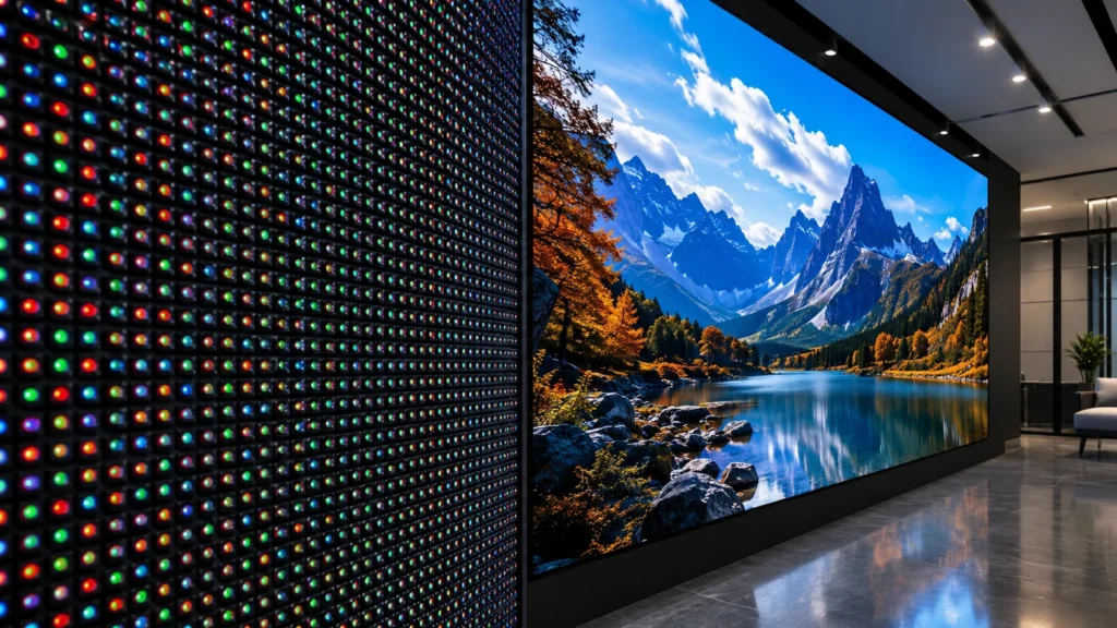 Close-up RGB pixel detail beside a sharp high-resolution LED wall display in a modern showroom