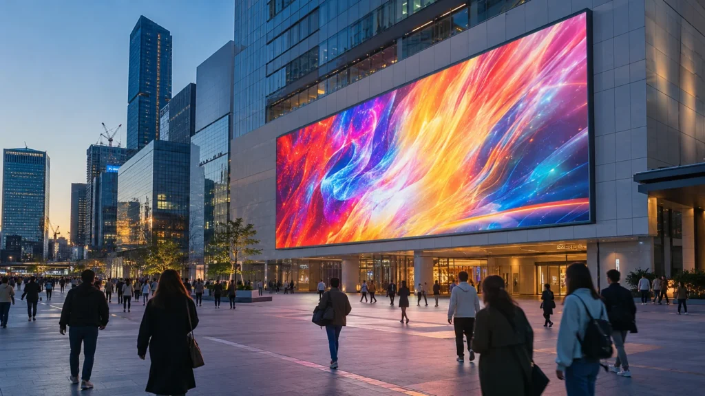 High-brightness outdoor LED wall installed on a modern building facade in a busy city plaza