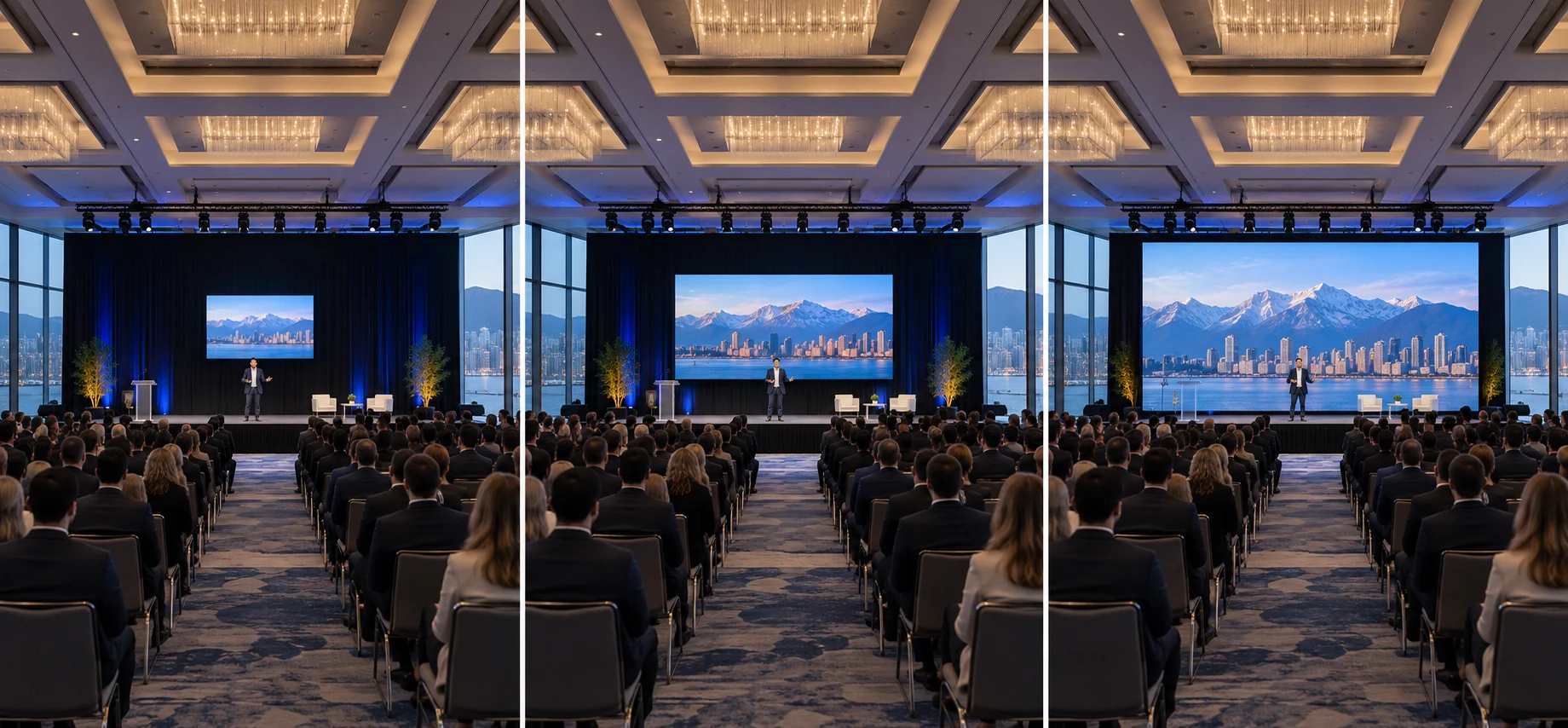 Comparison of three LED wall sizes for events in the same conference hall, showing small, properly sized, and oversized LED screens.