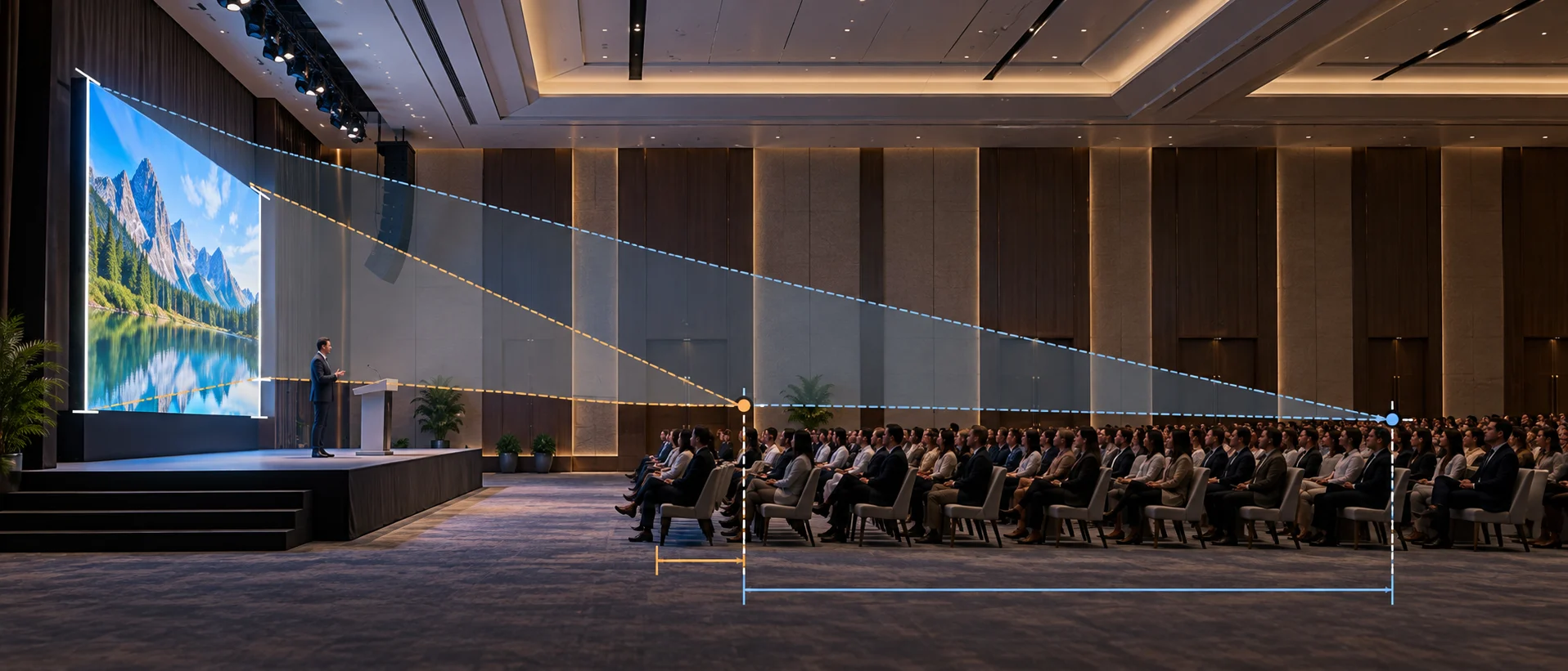 LED wall viewing distance in a corporate conference hall, showing sightlines from the screen to the nearest and farthest audience rows.