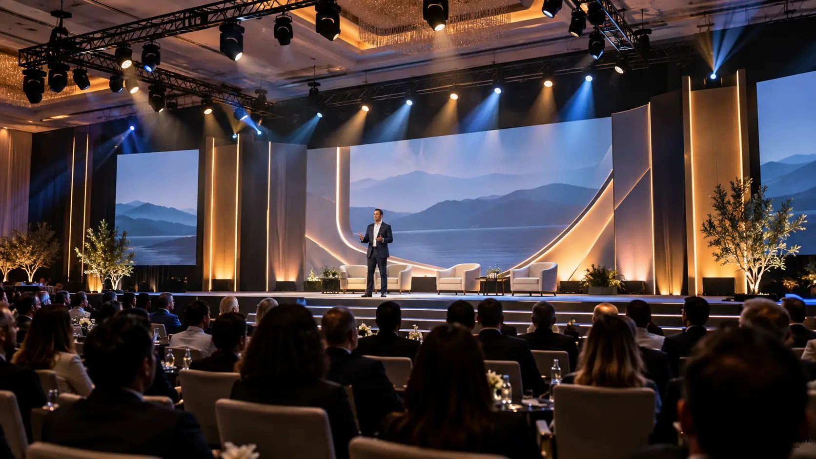 Professional corporate event stage lighting and conference production setup in Vancouver