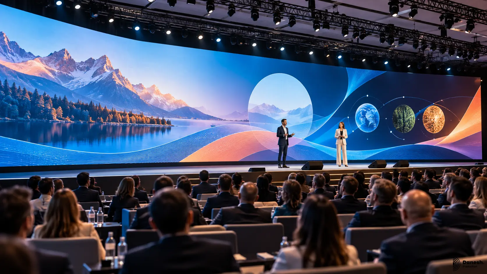Large LED wall and presentation screen setup for a corporate conference in Vancouver